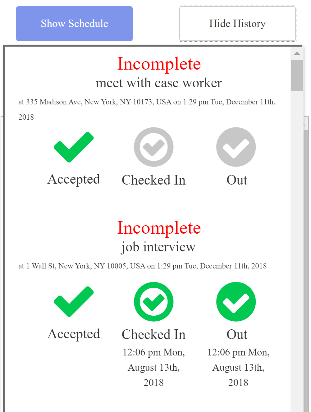 Project Iter product screenshot showing schedule and check-in confirmation states