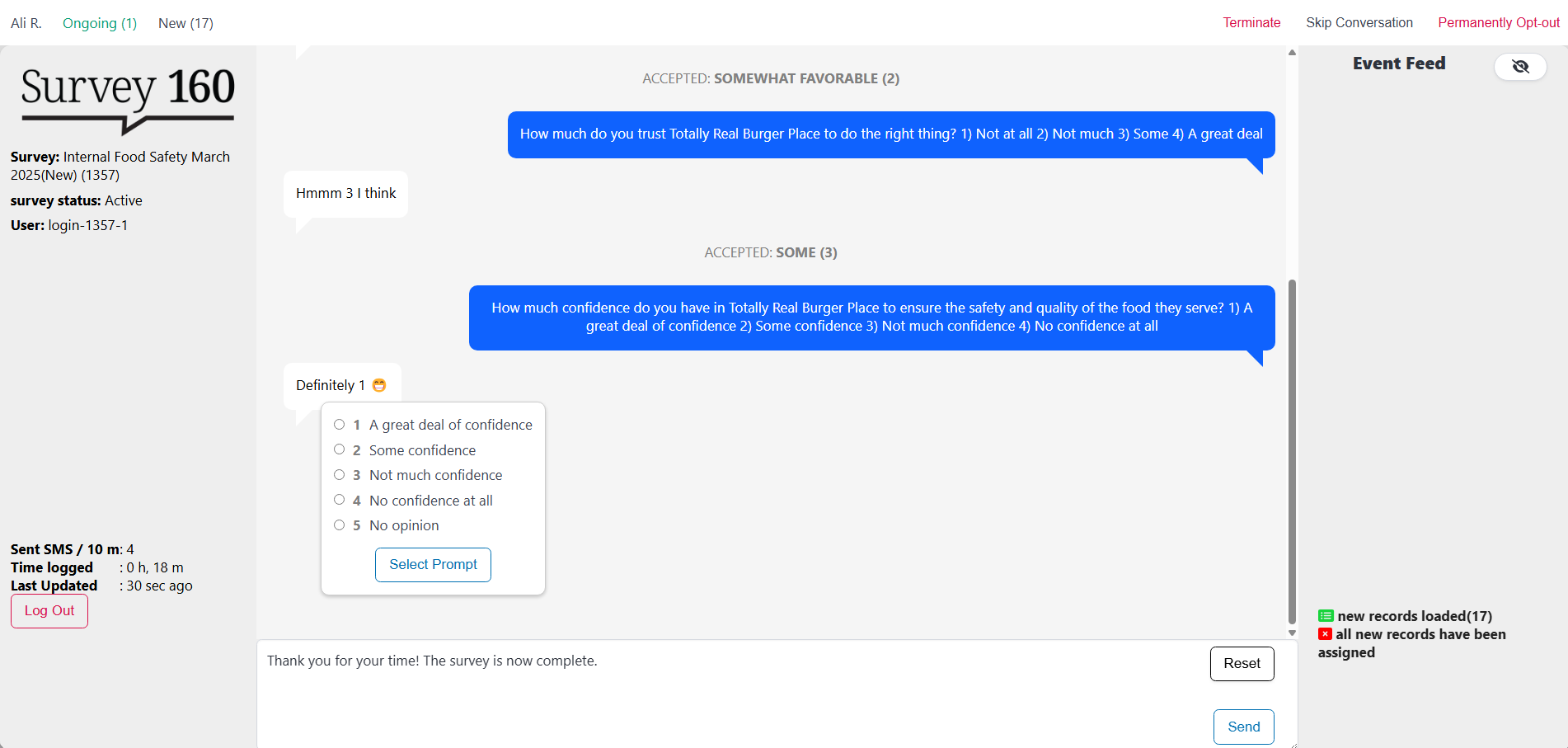 Survey 160 SMS survey conversation interface, showing an active text-based survey exchange